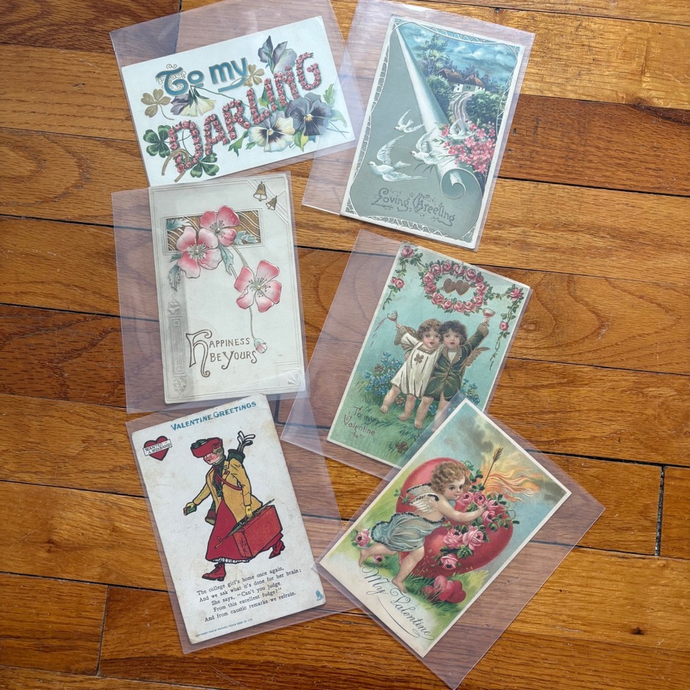 Vintage Postcard Lot of 6 Valentine Greetings Floral Cherub Embossed